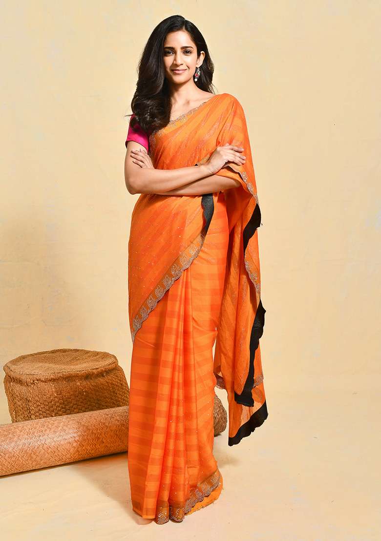 Orange Chiffon Saree Set with Embroidered for Diwali | Wedding & Festive Wear - Indya