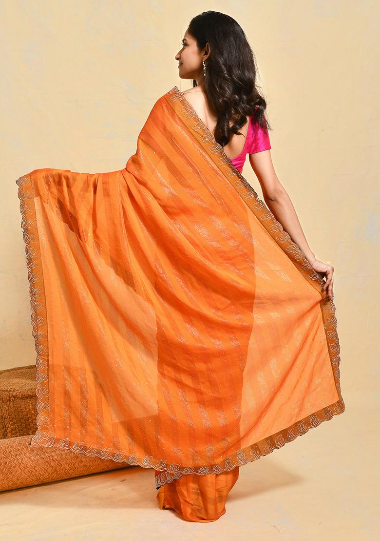 Orange Embroidered Chiffon Saree Set