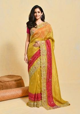 Yellow Embroidered Satin Saree Set