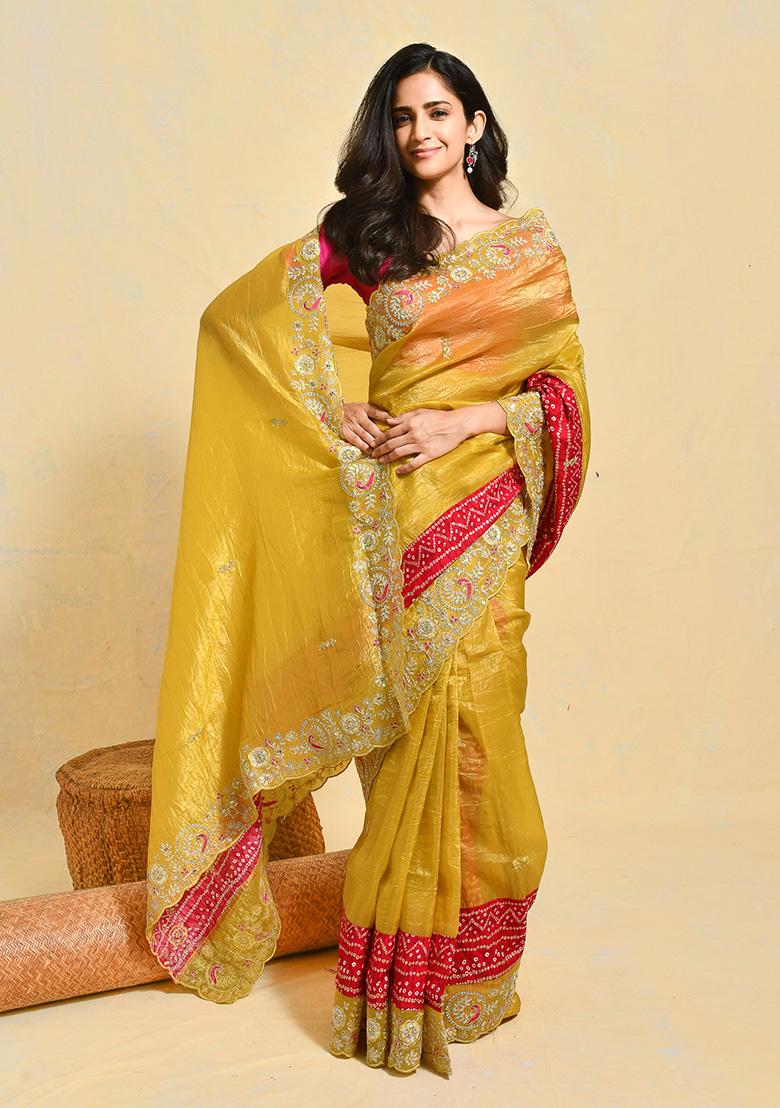 Yellow Embroidered Satin Saree Set