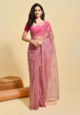 Pink Embroidered Organza Saree Set