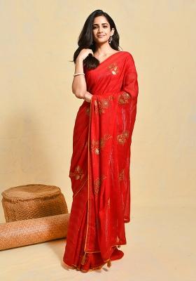 Red Embroidered Chiffon Saree Set