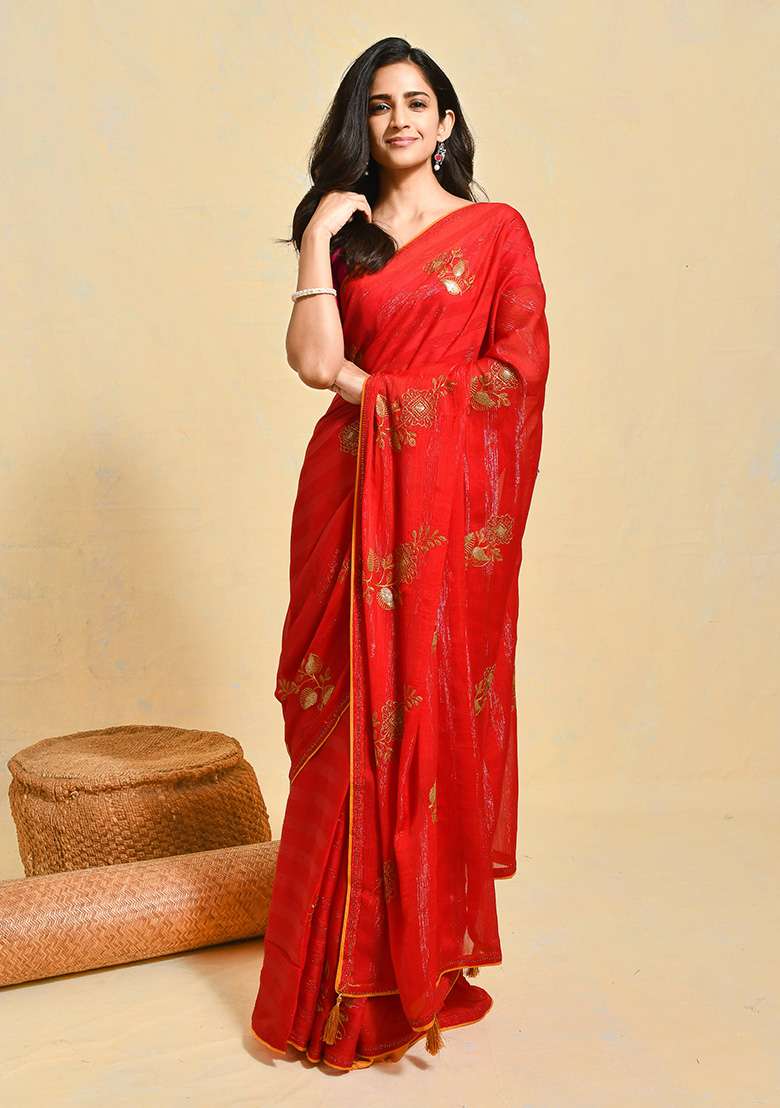 Red Embroidered Chiffon Saree Set for Diwali and Festive Wear - Indya