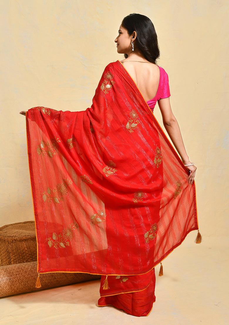 Red Embroidered Chiffon Saree Set