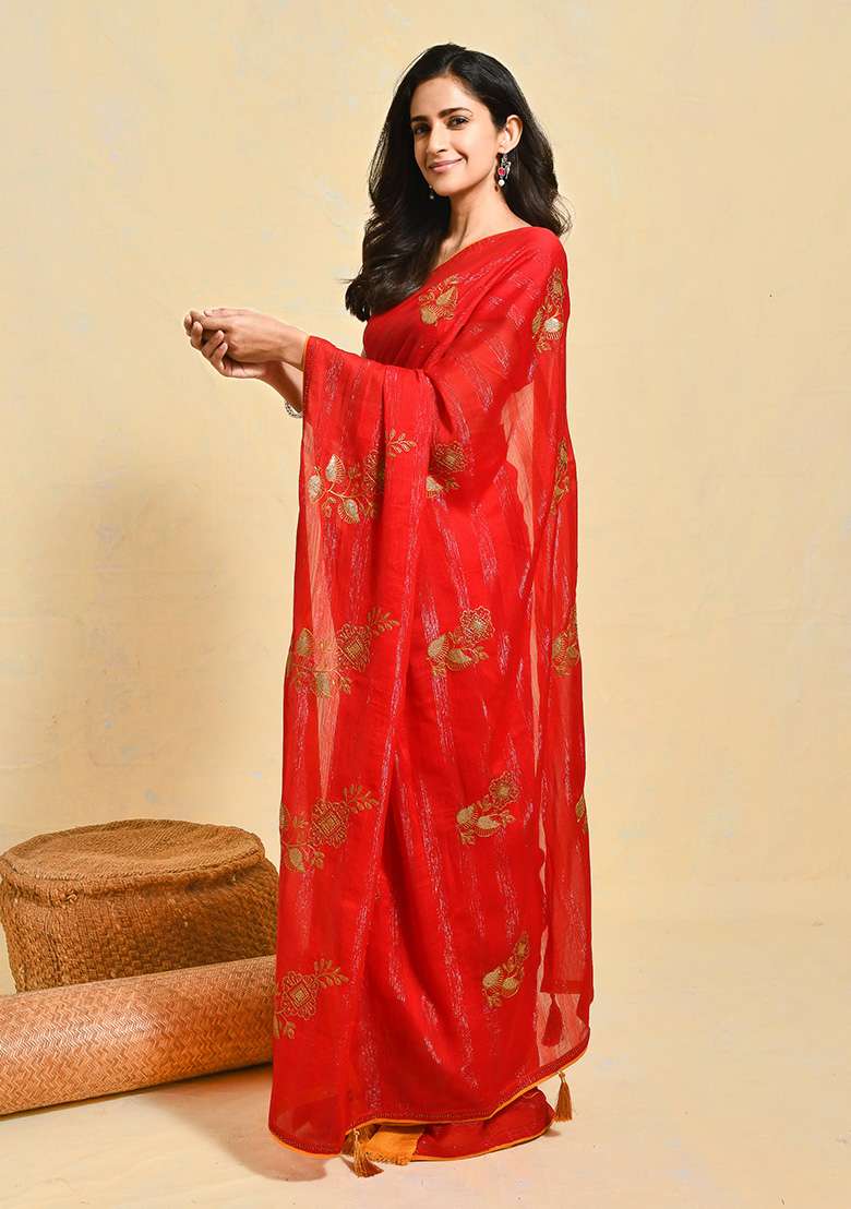 Red Embroidered Chiffon Saree Set for Diwali and Festive Wear - Indya