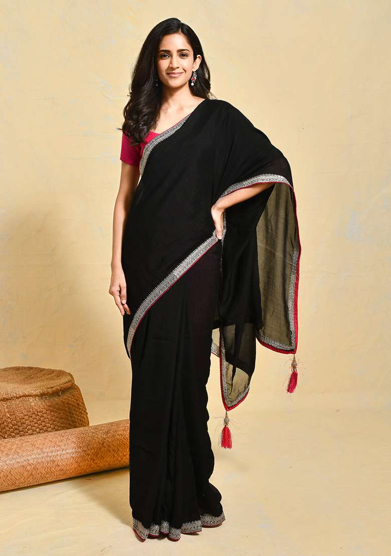 Black Embroidered Art Silk Blend Saree Set - Indya