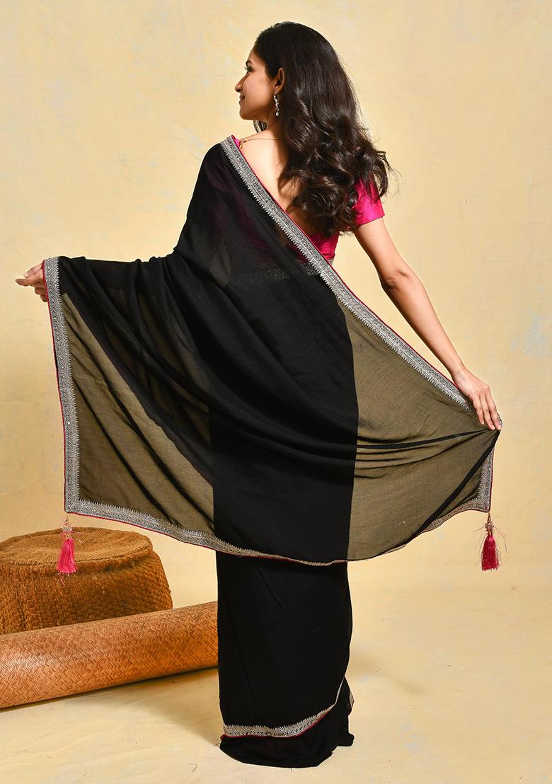Black Embroidered Art Silk Saree Set