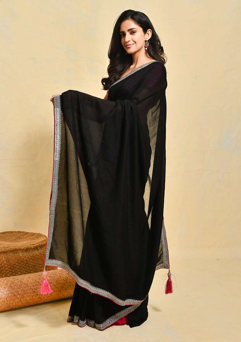 Black Embroidered Art Silk Blend Saree Set - Indya