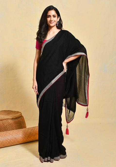 Black Embroidered Art Silk Saree Set