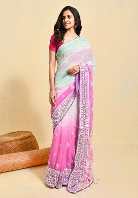 Pink Embroidered Georgette Saree Set