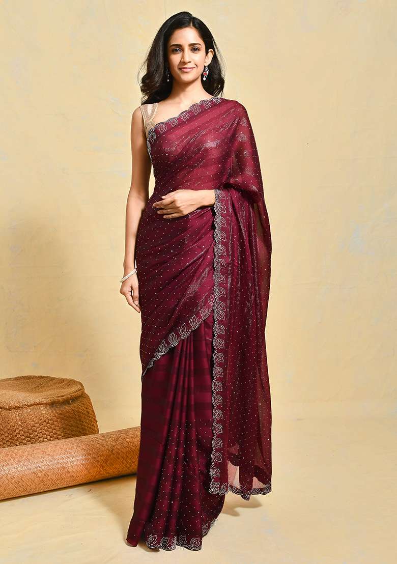 Purple Chiffon Saree Set with Embroidered for Diwali | Wedding & Festive Wear - Indya