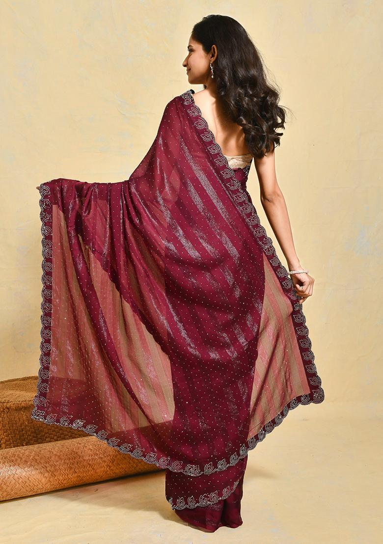 Purple Embroidered Chiffon Saree Set