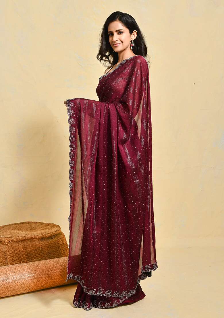 Purple Chiffon Saree Set with Embroidered for Diwali | Wedding & Festive Wear - Indya
