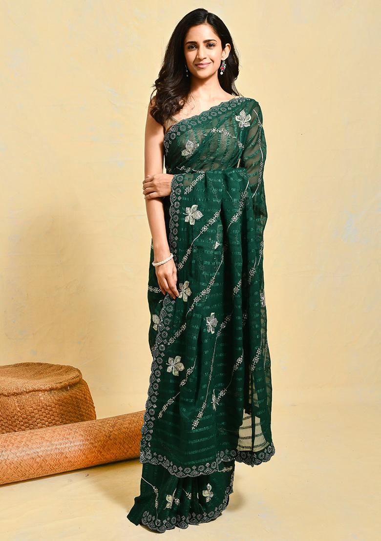 Green Embroidered Chiffon Saree Set