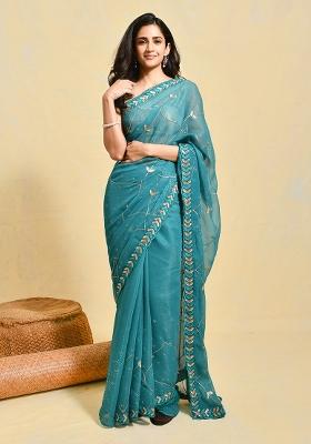 Blue Embroidered Chiffon Saree Set