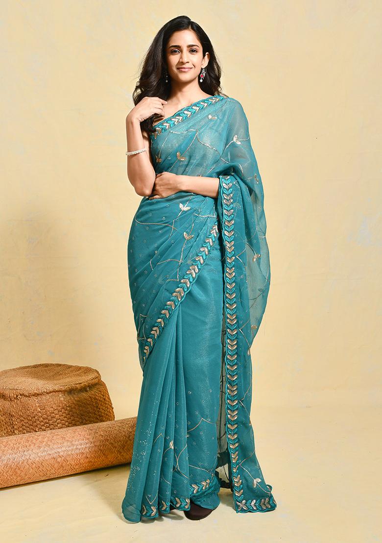 Blue Embroidered Chiffon Saree Set