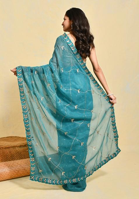 Blue Embroidered Chiffon Saree Set
