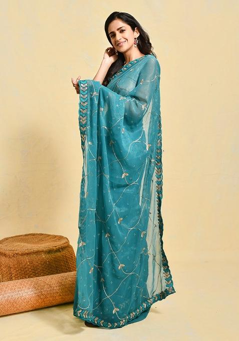 Blue Embroidered Chiffon Saree Set