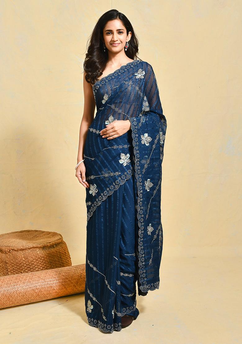 Blue Embroidered Chiffon Saree Set