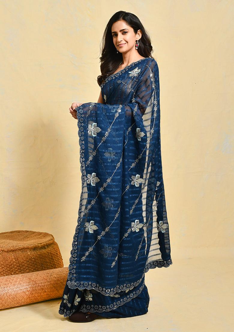 Blue Embroidered Chiffon Saree Set
