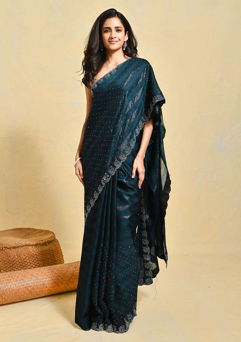Blue Embroidered Chiffon Saree Set for Diwali and Festive Wear - Indya