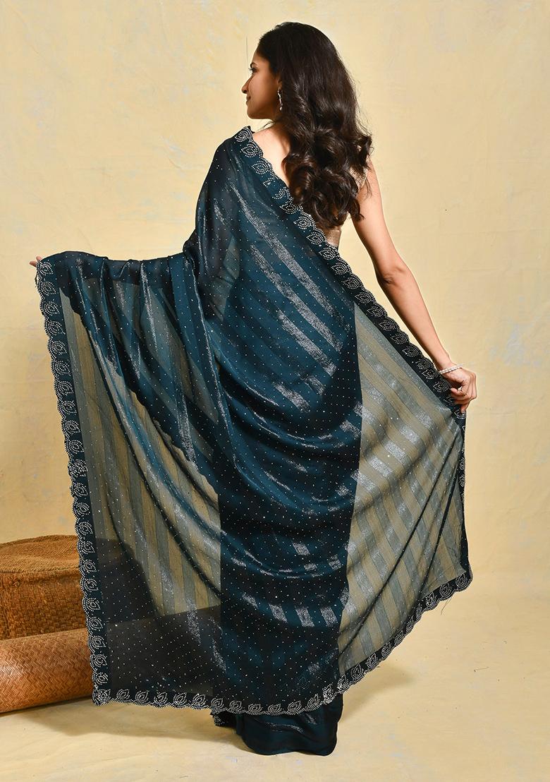 Blue Embroidered Chiffon Saree Set