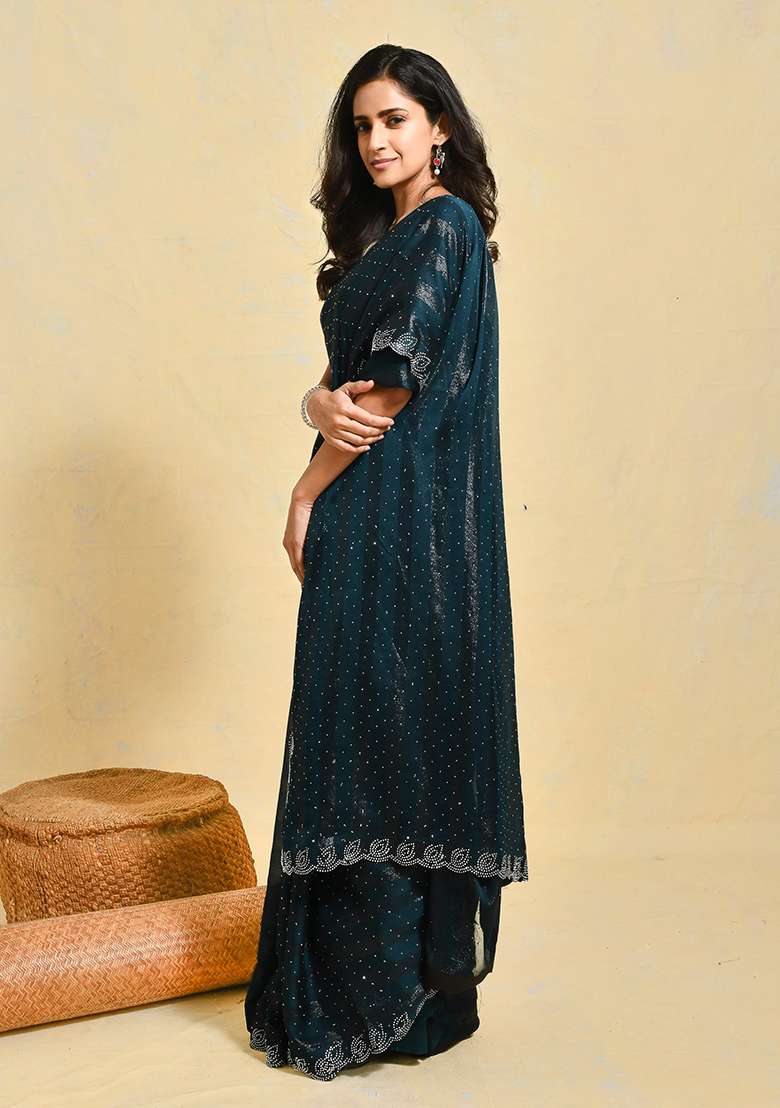 Blue Embroidered Chiffon Saree Set for Diwali and Festive Wear - Indya