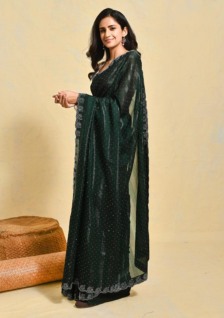 Green Embroidered Chiffon Saree Set