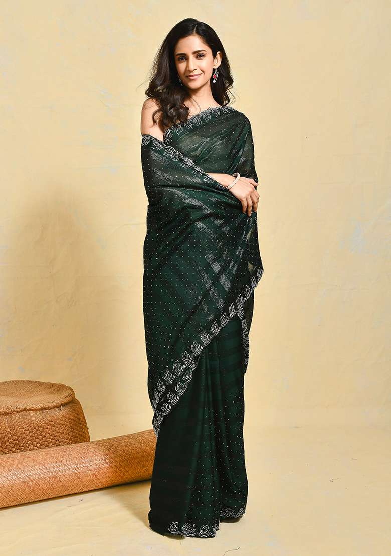 Green Chiffon Saree Set with Embroidered for Diwali | Wedding & Festive Wear - Indya