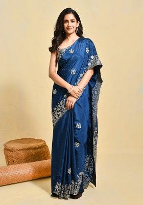 Blue Embroidered Satin Saree Set