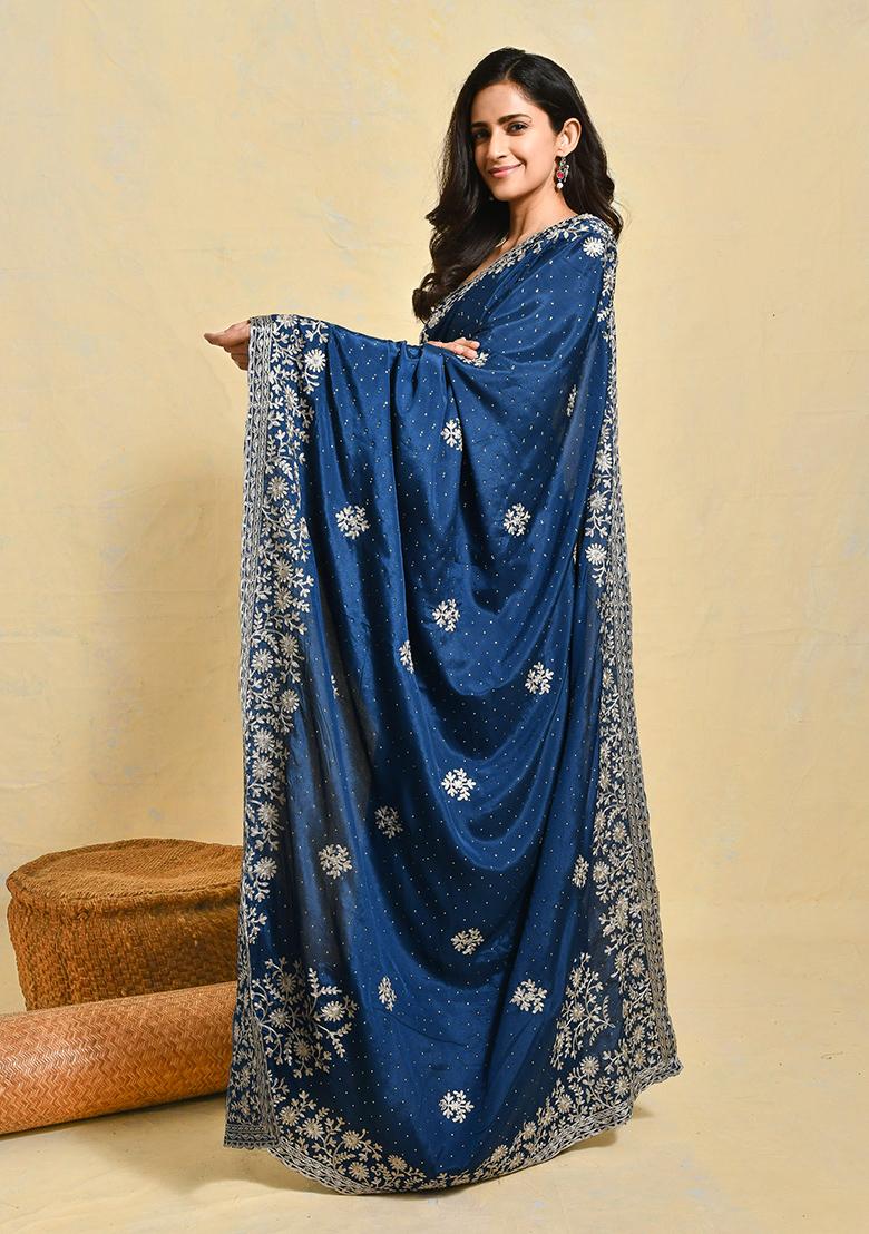 Blue Embroidered Satin Saree Set