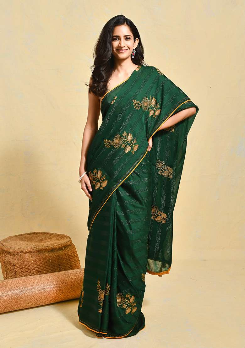 Green Chiffon Saree Set with Embroidered for Diwali | Wedding & Festive Wear - Indya