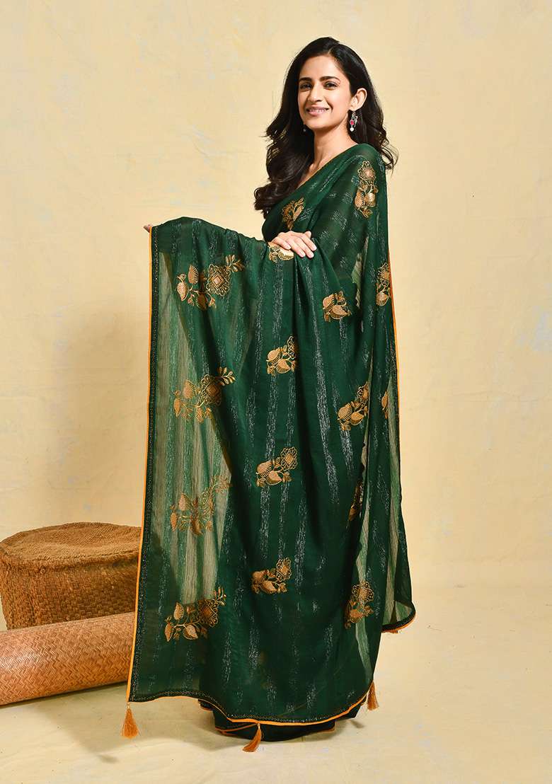 Green Chiffon Saree Set with Embroidered for Diwali | Wedding & Festive Wear - Indya