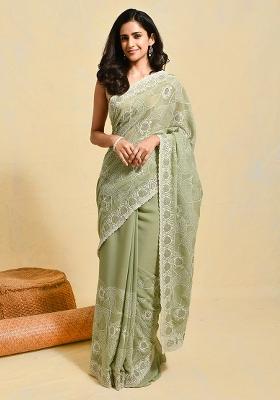 Green Embroidered Georgette Saree Set