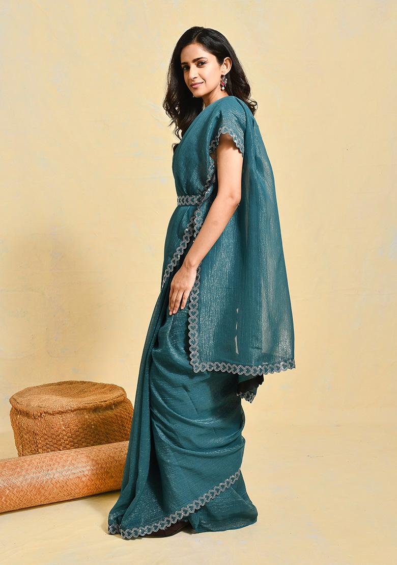 Blue Embroidered Chiffon Saree Set