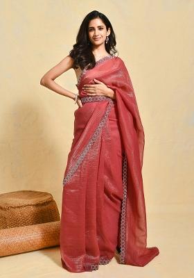 Peach Embroidered Chiffon Saree Set