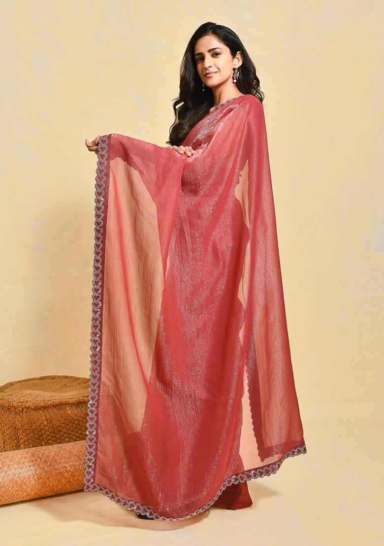 Peach Embroidered Chiffon Saree Set
