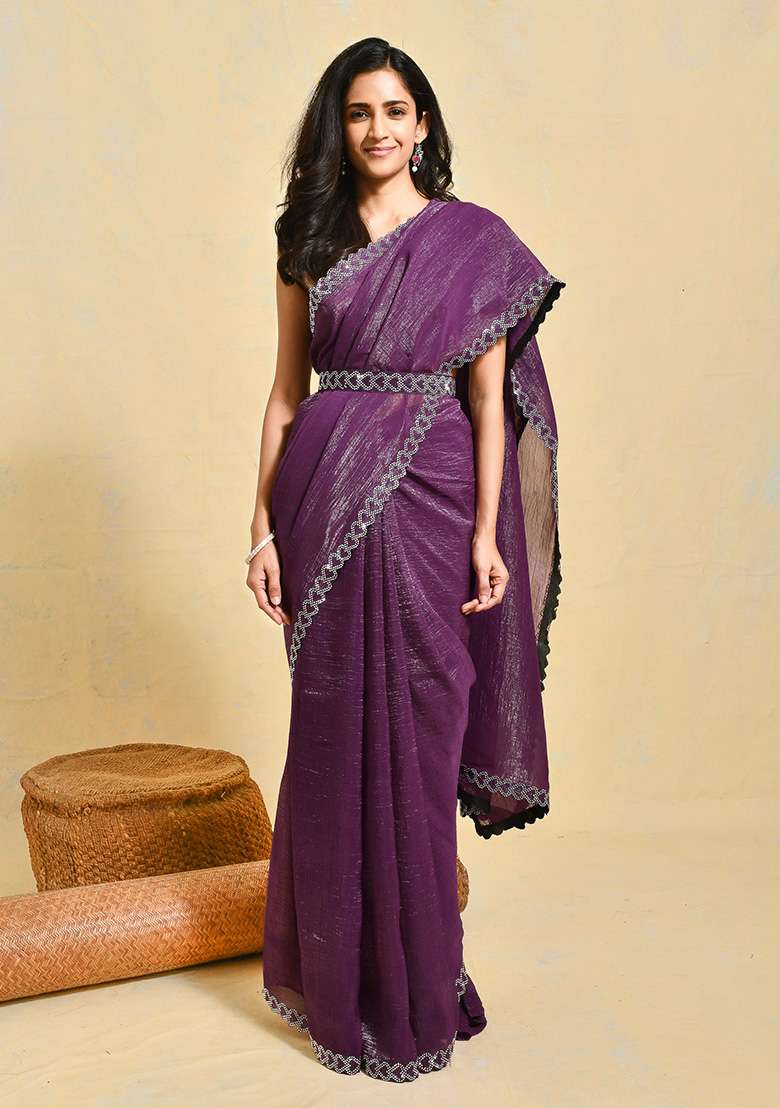 Purple Chiffon Saree Set with Embroidered for Diwali | Wedding & Festive Wear - Indya