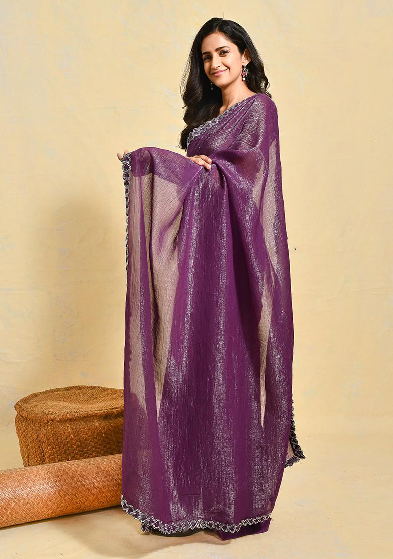 Purple Embroidered Chiffon Saree Set