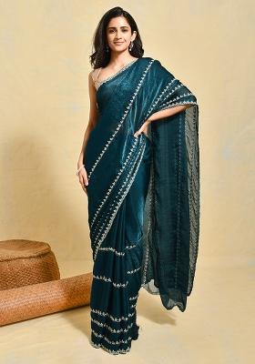 Green Embellished Satin Saree Set