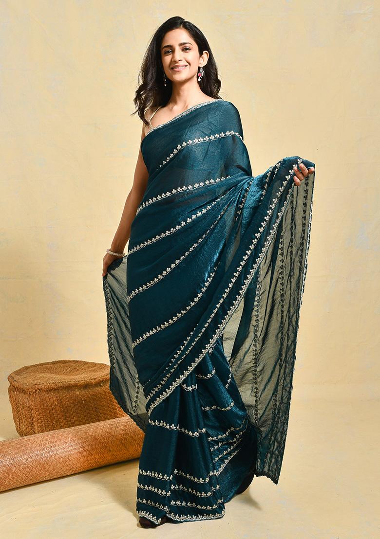 Green Embellished Satin Saree Set
