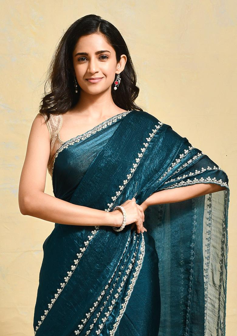 Green Embellished Satin Saree Set