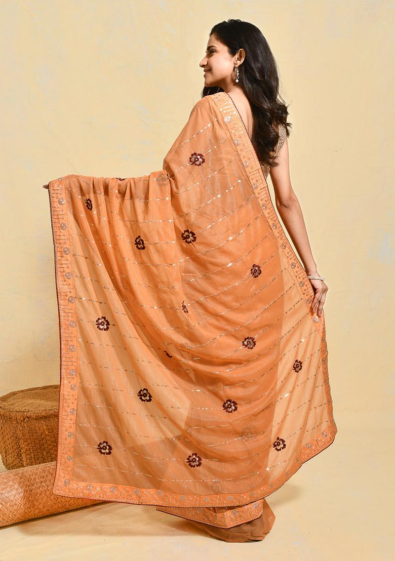 Orange Embroidered Georgette Saree Set
