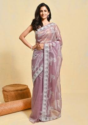Purple Embroidered Organza Saree Set
