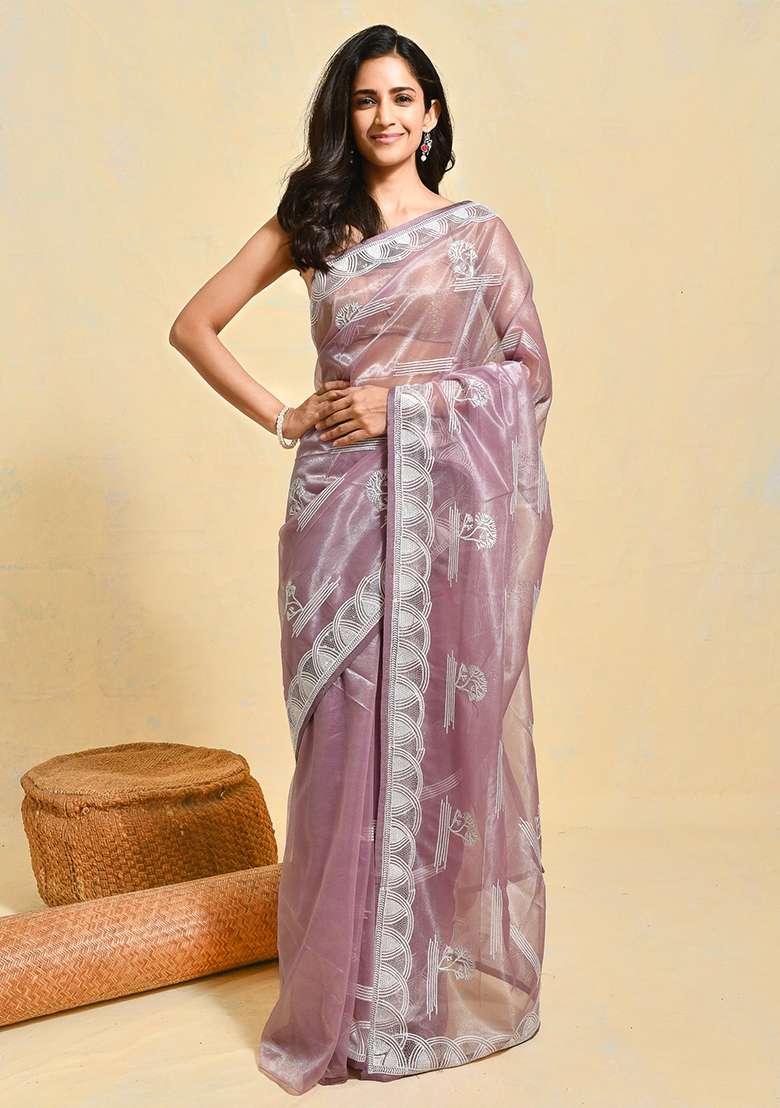 Purple Embroidered Organza Saree Set for Diwali and Festive Wear - Indya