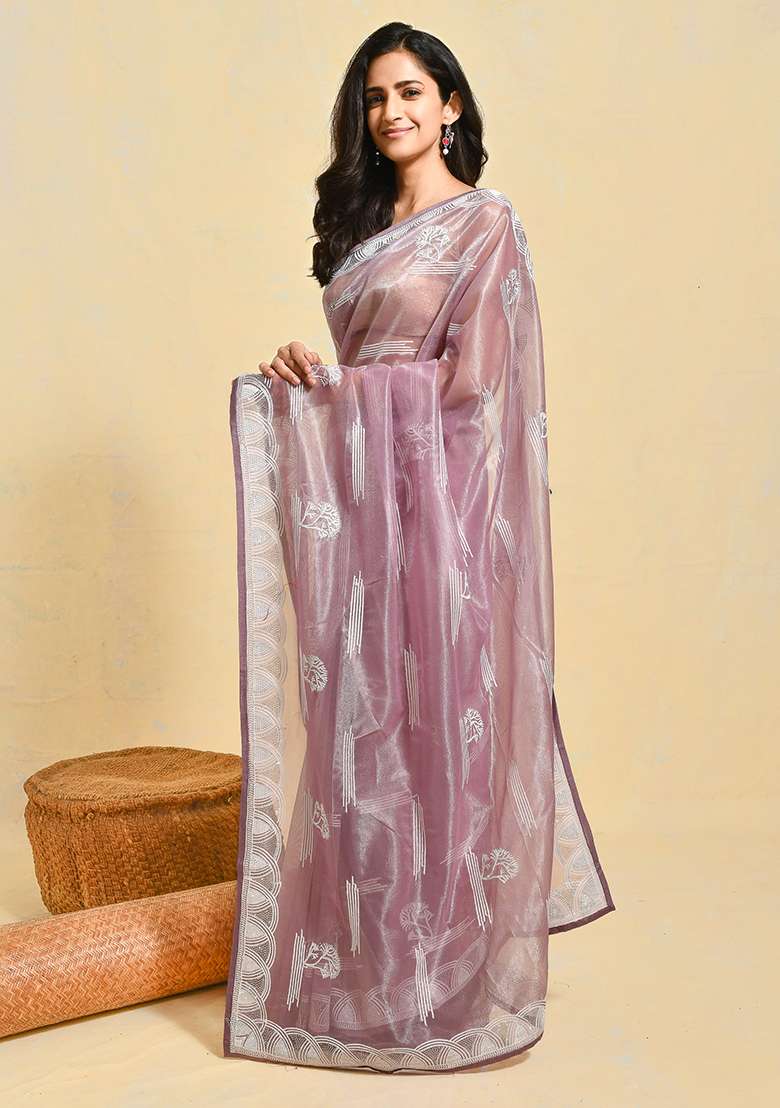 Purple Embroidered Organza Saree Set for Diwali and Festive Wear - Indya