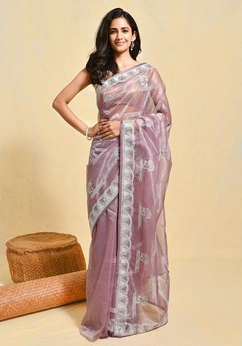 Purple Embroidered Organza Saree Set