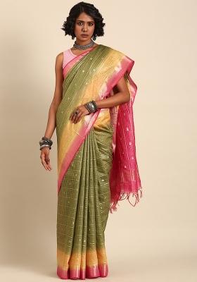 Green Woven Design Viscose Saree Set