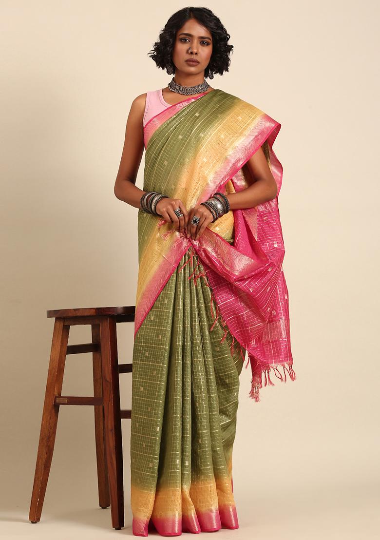 Green Woven Design Viscose Saree Set