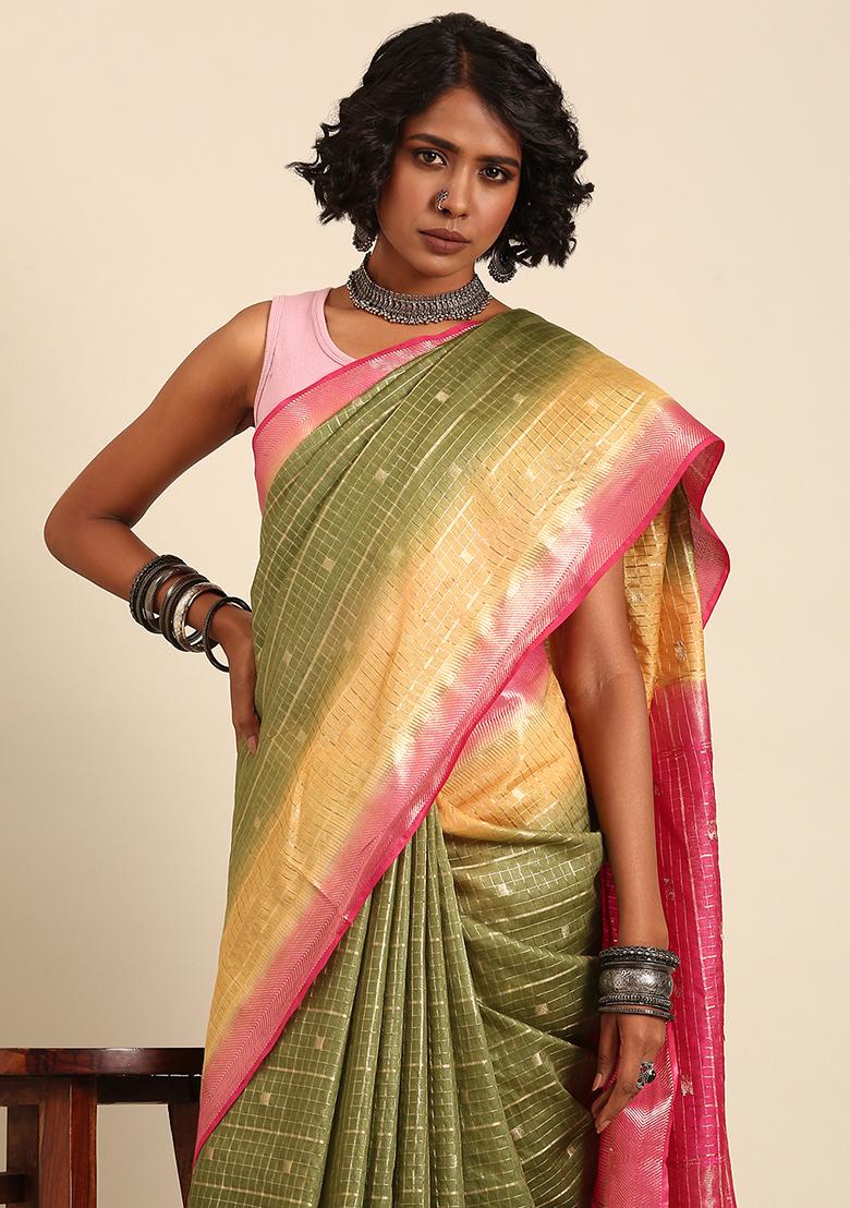 Green Woven Design Viscose Saree Set